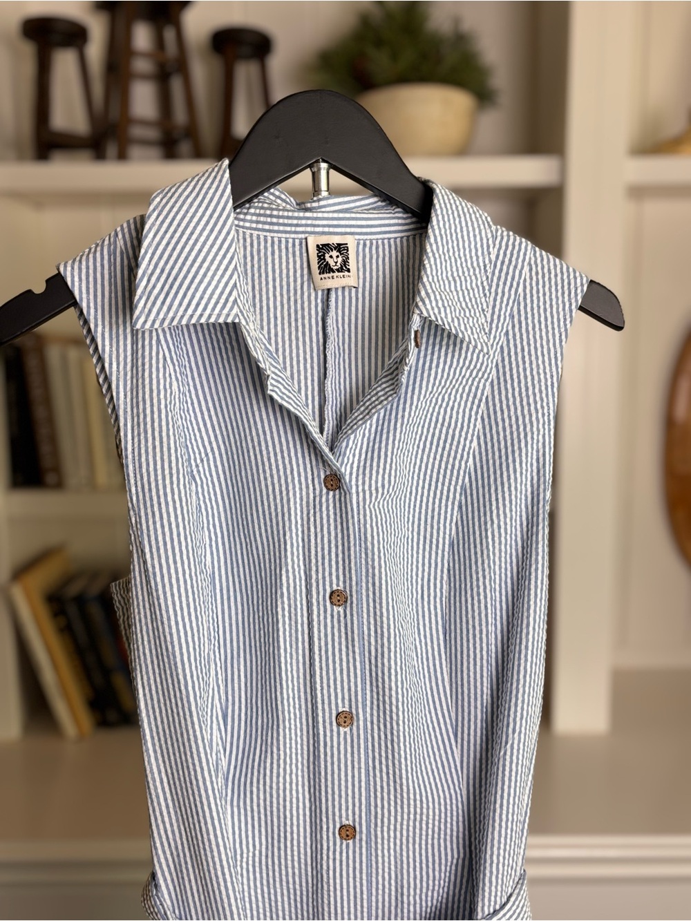 ๐ Anne Klein | Seersucker Midi Shirtdress | No Tag ~Size 8-10 | Blue & White - Picture 3 of 10